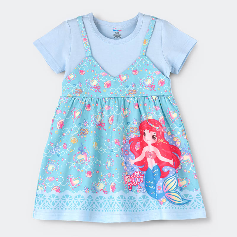 Mermaid Printed Spaghetti Strap dress with attached Tees for Girls