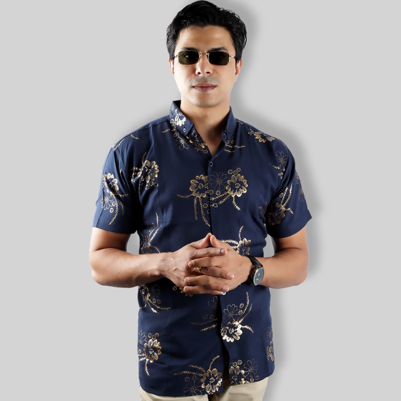 Men Printed Shirt | Blue With Golden Flowers--4