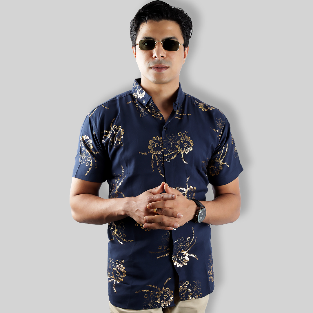 Men Printed Shirt | Blue With Golden Flowers