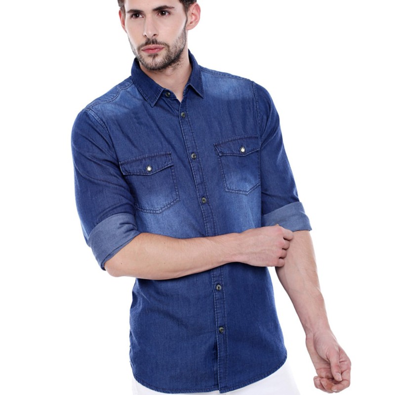 Men's Retro Two Pocket Long Sleeve Snap Shirt--0