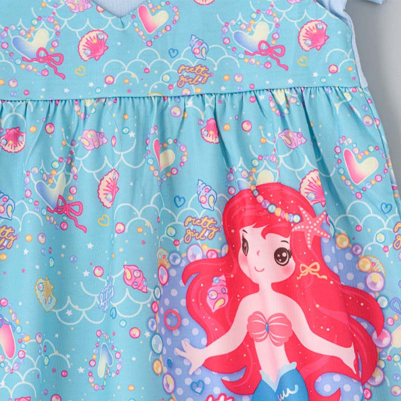 Mermaid Printed Spaghetti Strap dress with attached Tees for Girls--3