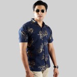 Men Printed Shirt | Blue With Golden Flowers
