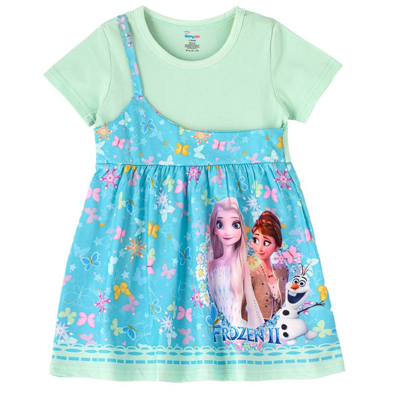 Kids Princess Printed Spaghetti Strap dress with attached Tees for Girls--0