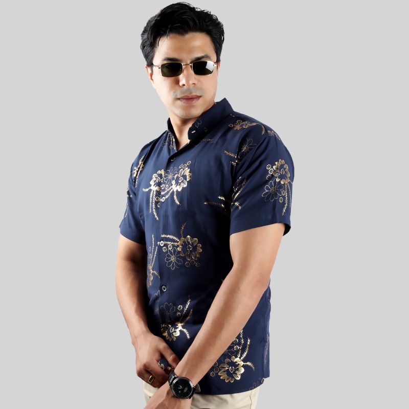 Men Printed Shirt | Blue With Golden Flowers--3