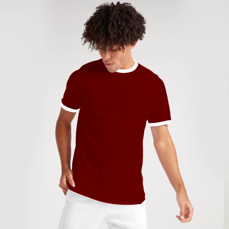 Men's Round Neck T Shirt with colorful neck and sleeve border--1