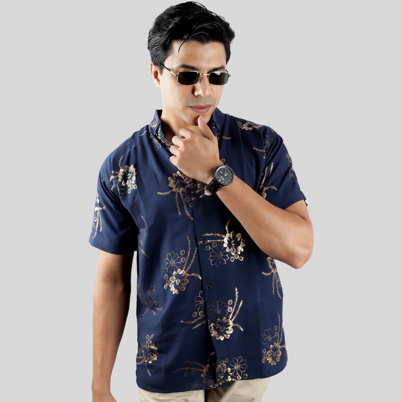 Men Printed Shirt | Blue With Golden Flowers--0