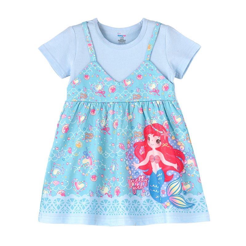 Mermaid Printed Spaghetti Strap dress with attached Tees for Girls--0