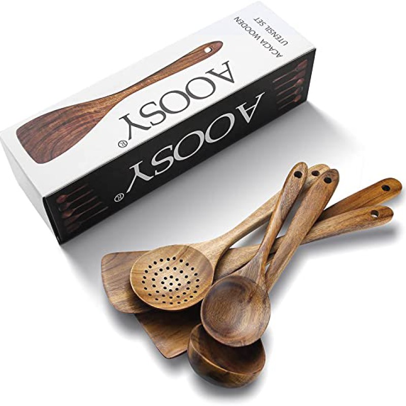 Wood Cooking Utensils, Wooden Spoons 5 pcs, Wooden Kitchen Utensil Set--6