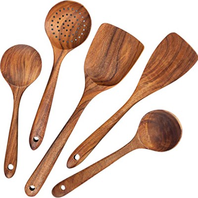 Wood Cooking Utensils, Wooden Spoons 5 pcs, Wooden Kitchen Utensil Set