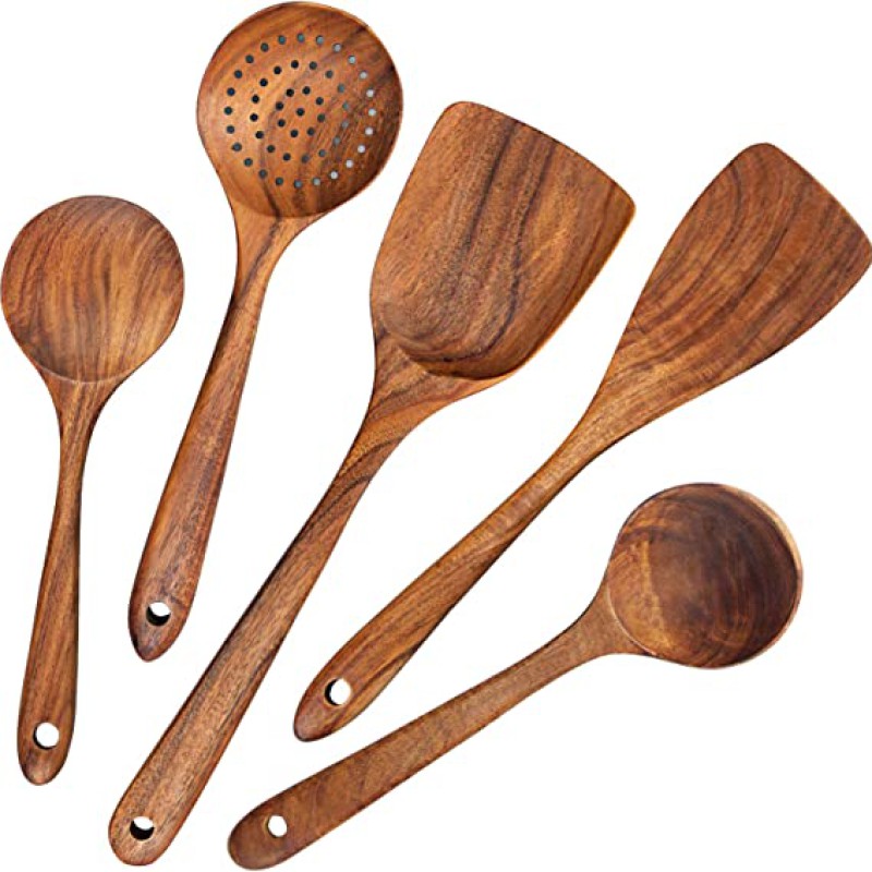 Wood Cooking Utensils, Wooden Spoons 5 pcs, Wooden Kitchen Utensil Set--0