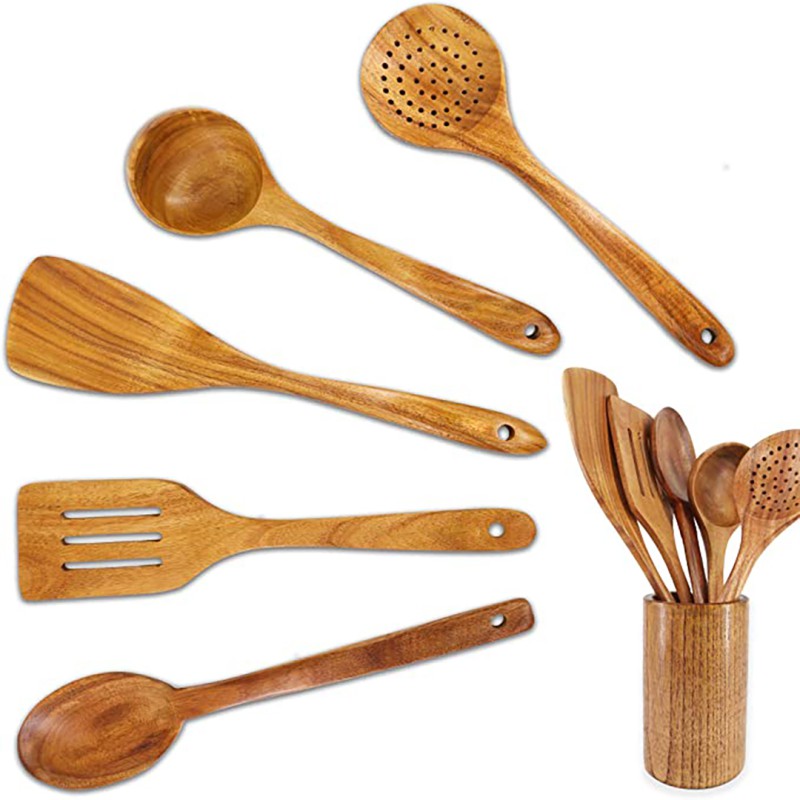 Wooden Cooking Utensils, Kitchen Utensils Set with Holder & Spoon Rest, Teak Wood Spoons and Wooden Spatula for Cooking,--4