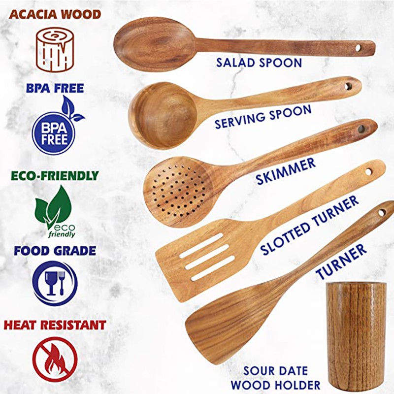 Wooden Cooking Utensils, Kitchen Utensils Set with Holder & Spoon Rest, Teak Wood Spoons and Wooden Spatula for Cooking,--5