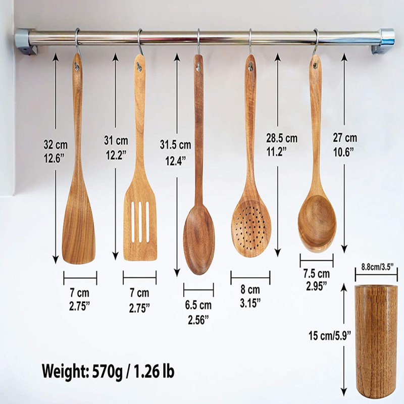 Wooden Cooking Utensils, Kitchen Utensils Set with Holder & Spoon Rest, Teak Wood Spoons and Wooden Spatula for Cooking,--2