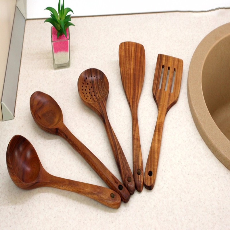 Wooden Cooking Utensils, Kitchen Utensils Set with Holder & Spoon Rest, Teak Wood Spoons and Wooden Spatula for Cooking,--1