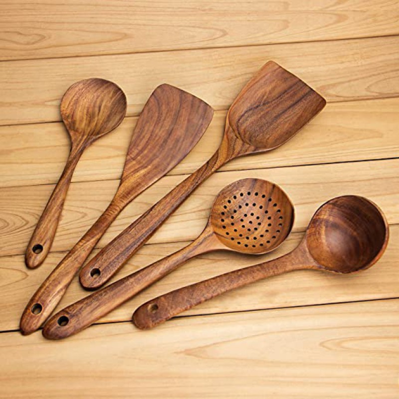 Wood Cooking Utensils, Wooden Spoons 5 pcs, Wooden Kitchen Utensil Set--2