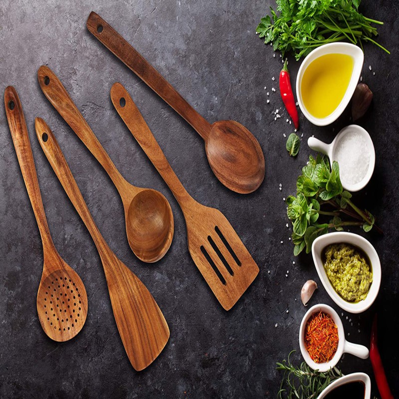 Wooden Cooking Utensils, Kitchen Utensils Set with Holder & Spoon Rest, Teak Wood Spoons and Wooden Spatula for Cooking,--3