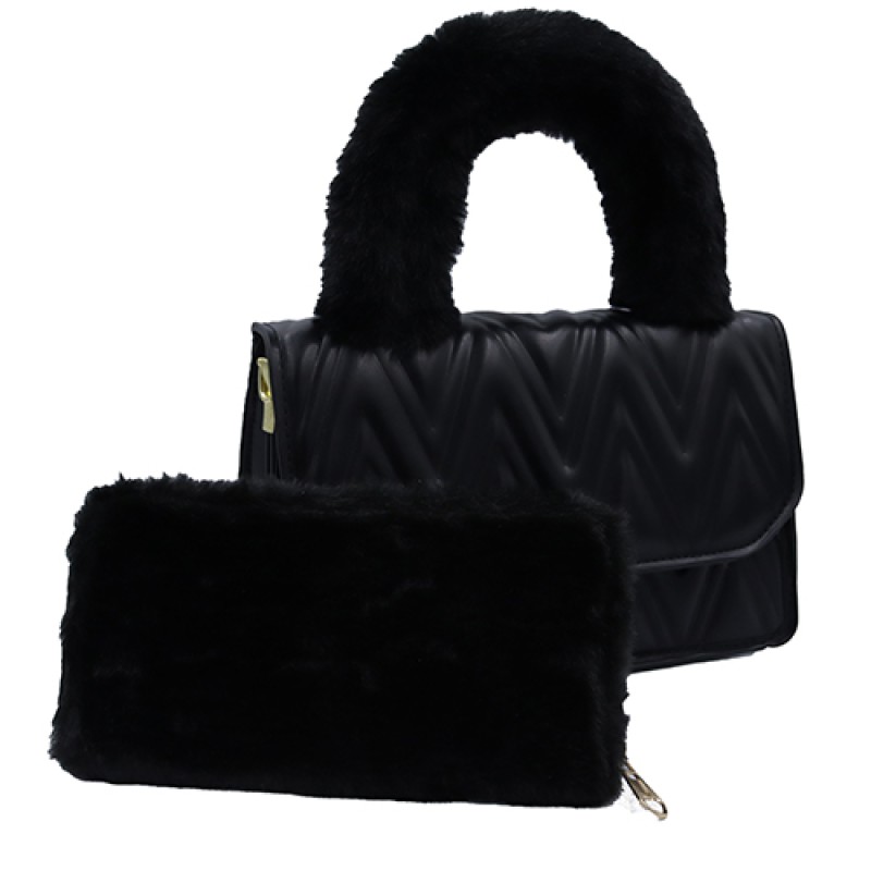 Stylist Black Hand Bag With Fur Handle--0