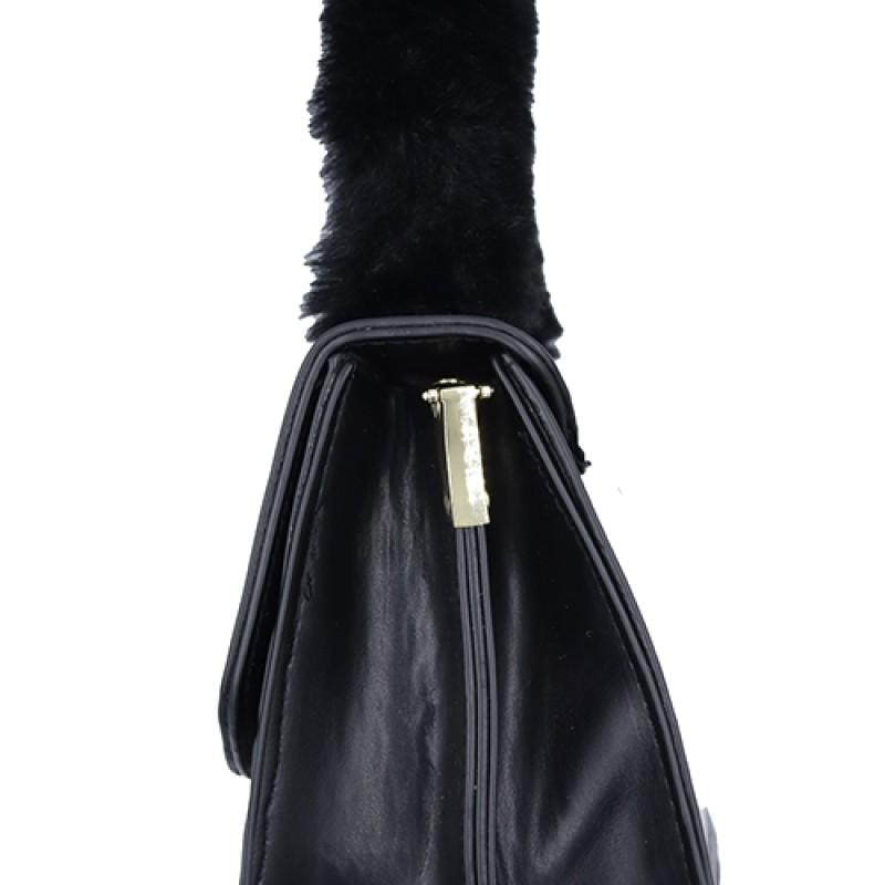 Stylist Black Hand Bag With Fur Handle--5