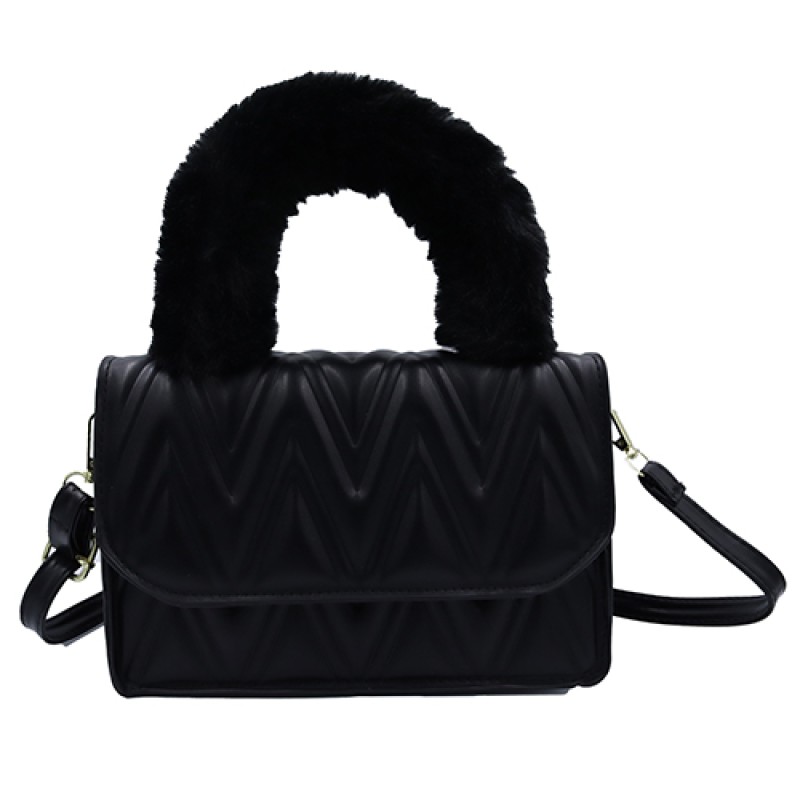 Stylist Black Hand Bag With Fur Handle--2