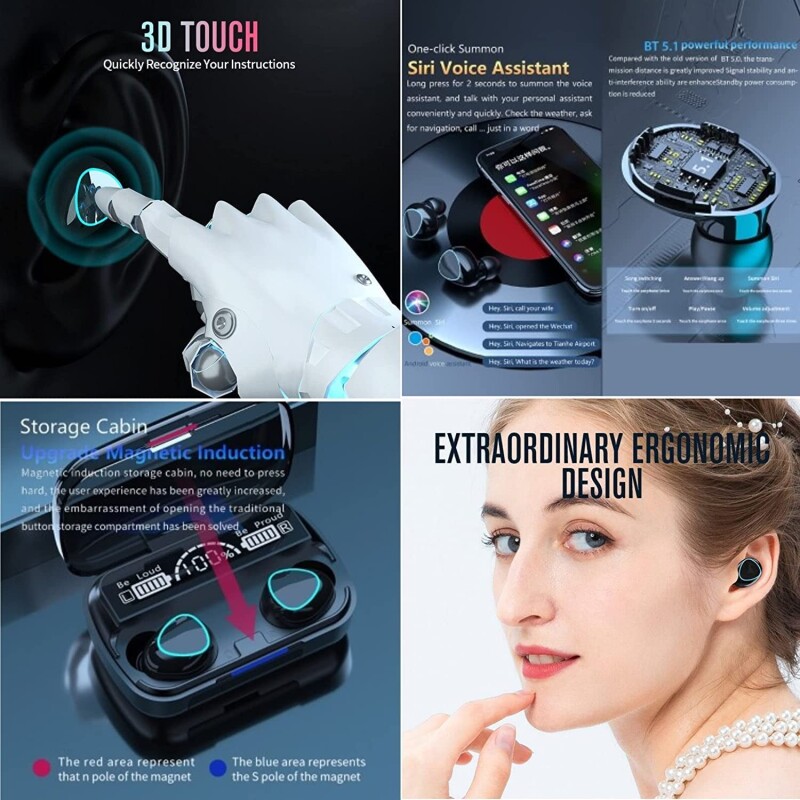 Wireless Earbuds Bluetooth Waterproof Headset Touch Control USB Charging Headphones--1