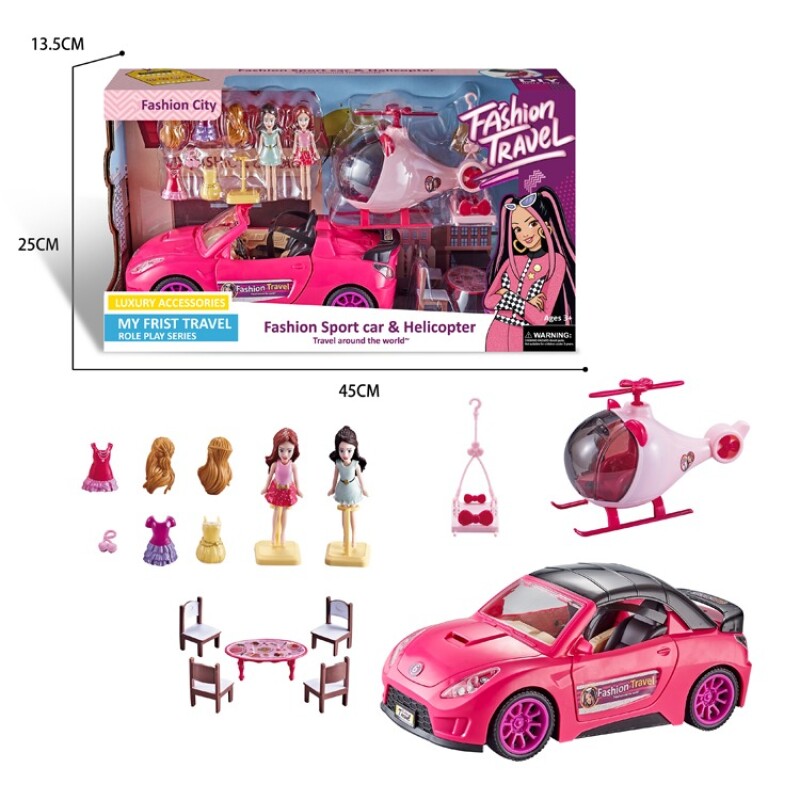 Doll Car Playset for Girls with Helicopter Dining Table Set 2 Figurines with Lights and Sounds and Pink Toys Accessorie--1