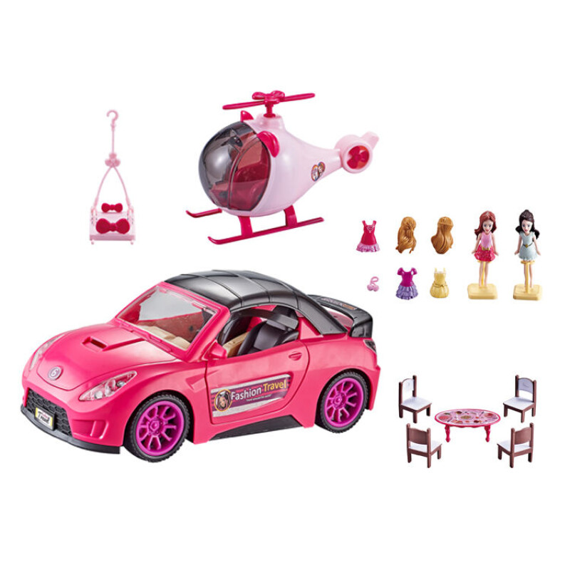 Doll Car Playset for Girls with Helicopter Dining Table Set 2 Figurines with Lights and Sounds and Pink Toys Accessorie--0