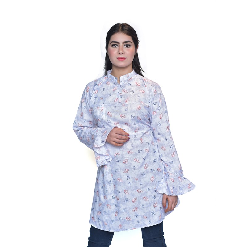 Ladies Summer Kurti in White with Leaves Print--0