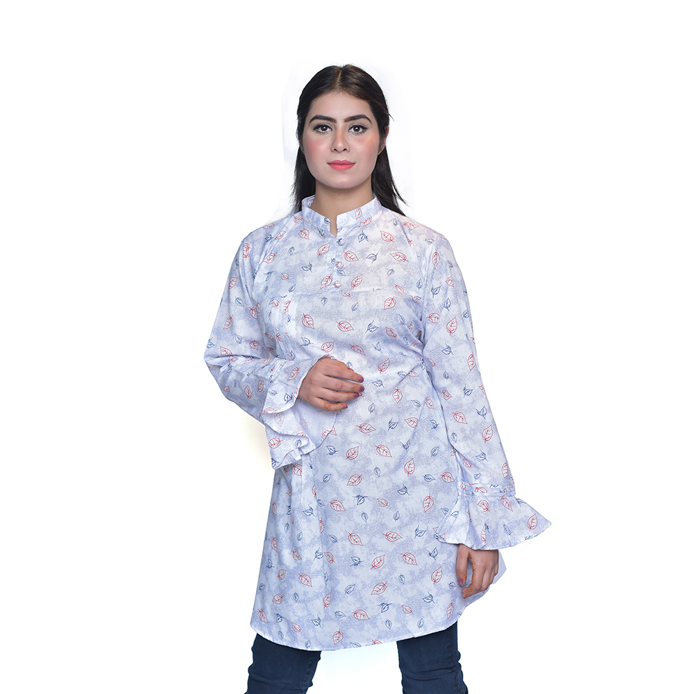 Ladies Summer Kurti in White with Leaves Print
