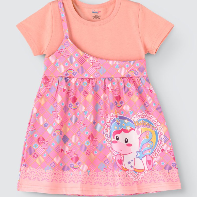 One shoulder unicorn Printed Spaghetti dress with attached t-shirt for Girl--4