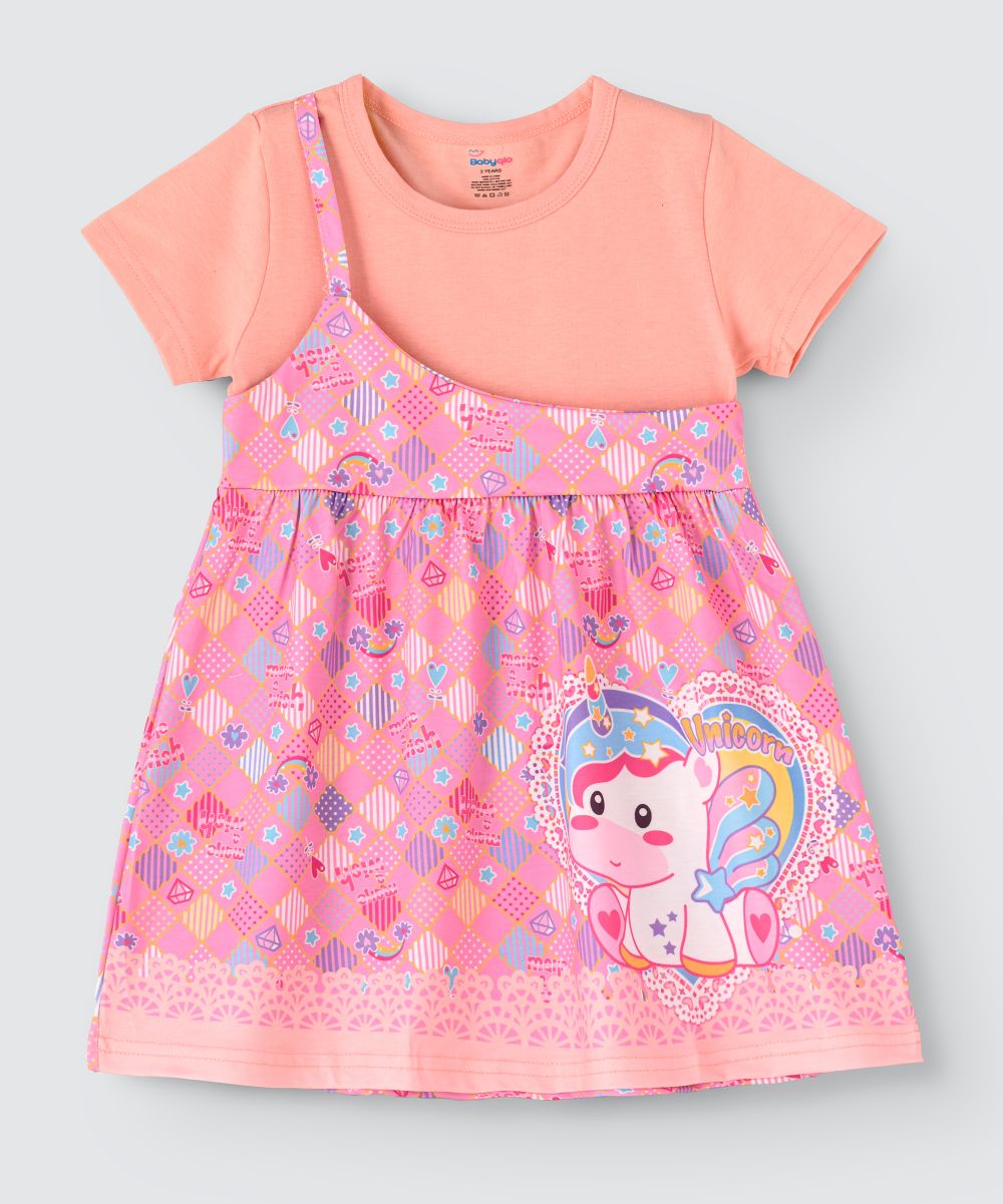 One shoulder unicorn Printed Spaghetti dress with attached t-shirt for Girl