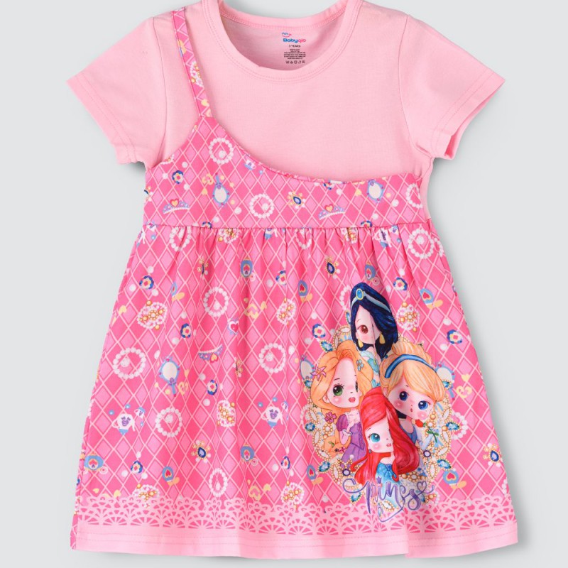 Kids One shoulder princess printed Pink spaghetti dress with attached t-shirt for Girls--4