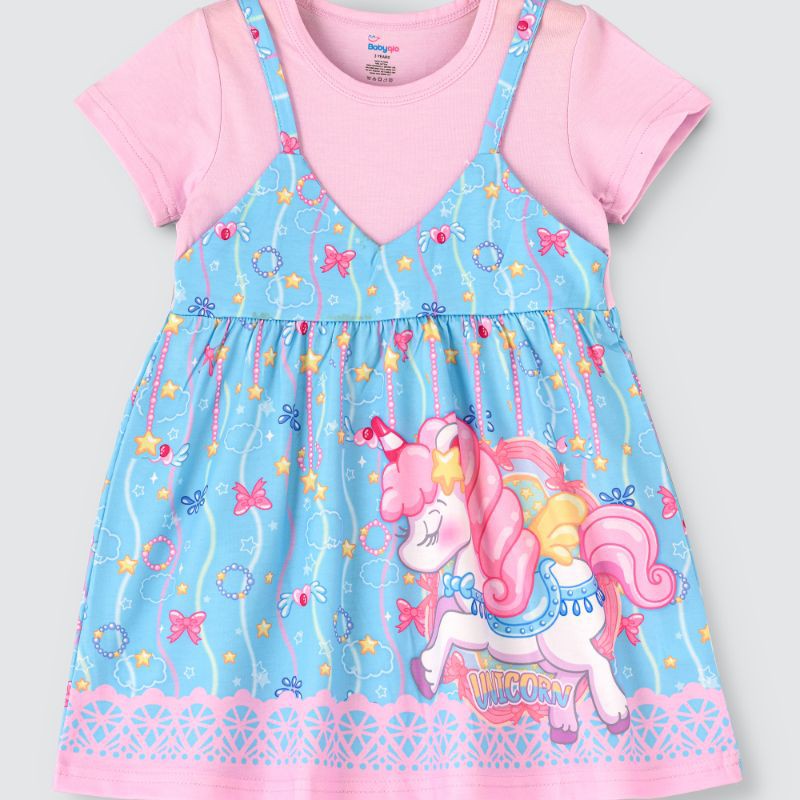 Unicorn Printed Spaghetti Strap dress with attached Tees for Girls--4