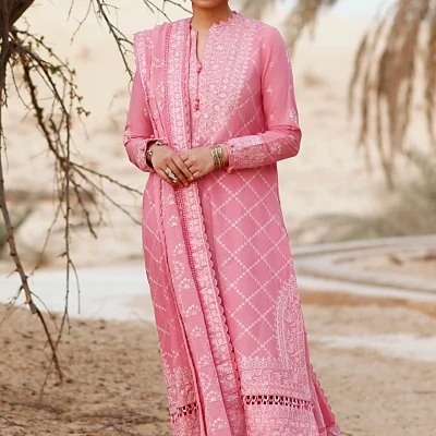 Unstitched 3 Pieces Lawn Suit For Women - Pink