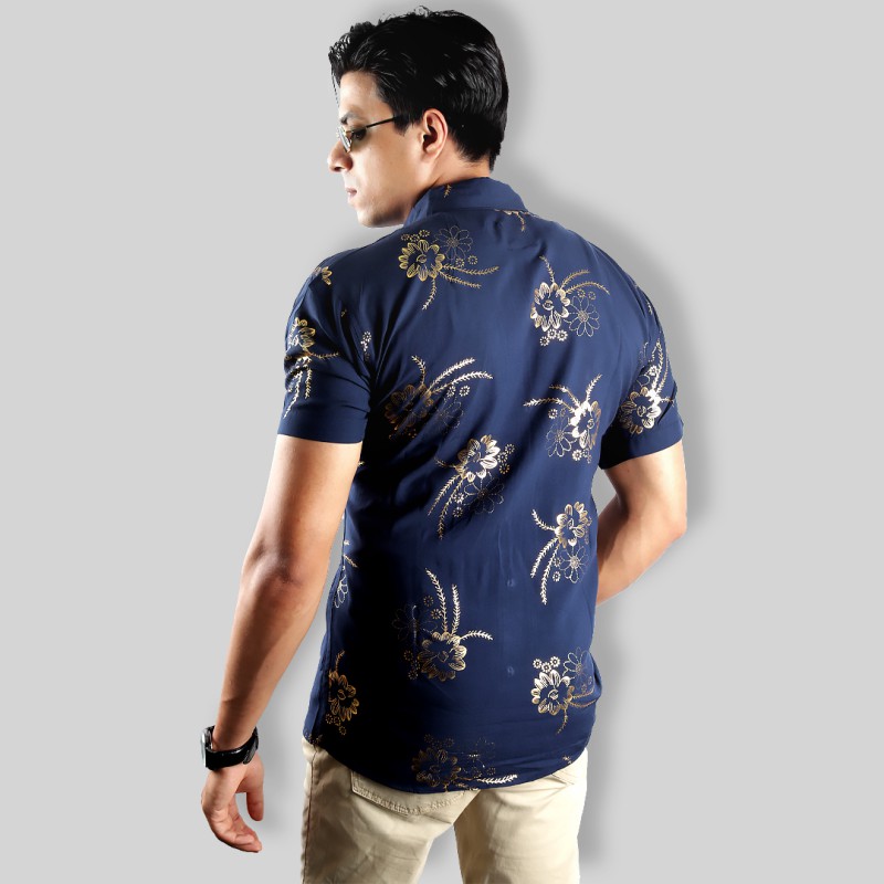 Men Printed Shirt | Blue With Golden Flowers--1