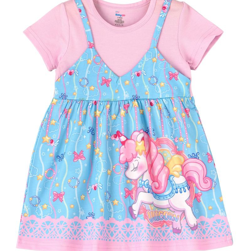Unicorn Printed Spaghetti Strap dress with attached Tees for Girls--0