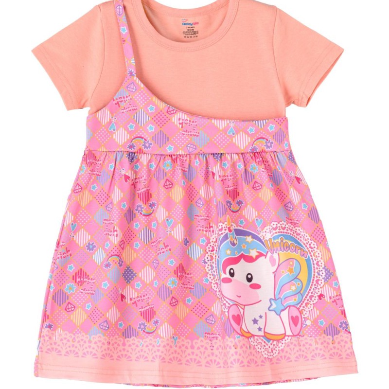 One shoulder unicorn Printed Spaghetti dress with attached t-shirt for Girl--0