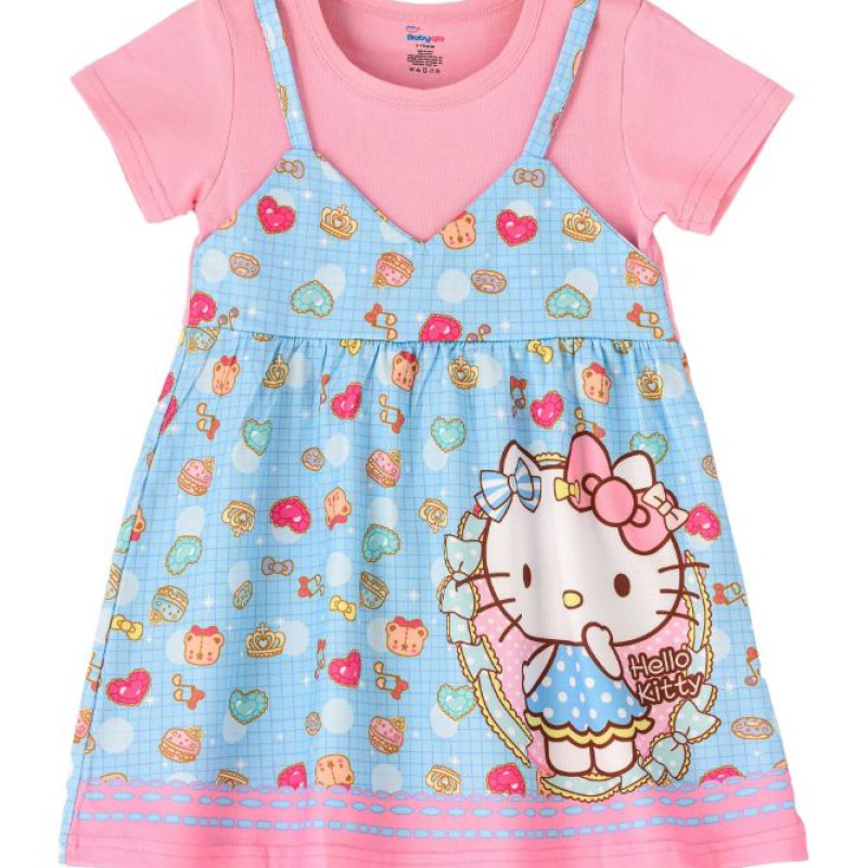 Kitty Printed Spaghetti Strap dress with attached Tees for Girls--0