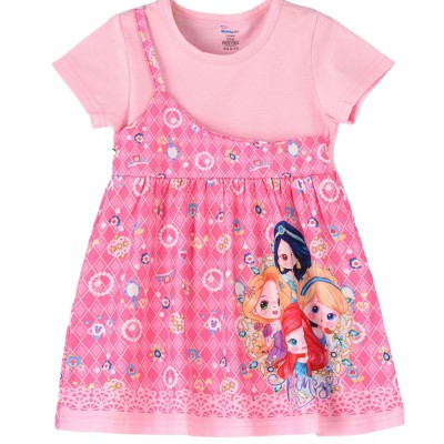 Kids One shoulder princess printed Pink spaghetti dress with attached t-shirt for Girls