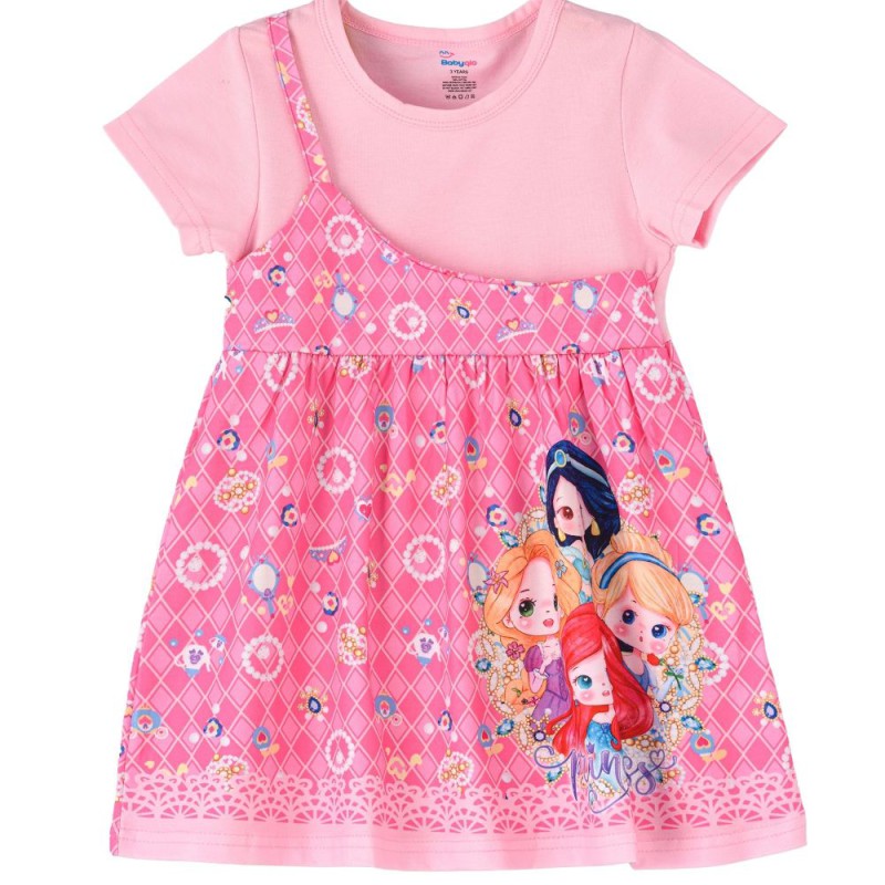 Kids One shoulder princess printed Pink spaghetti dress with attached t-shirt for Girls--0