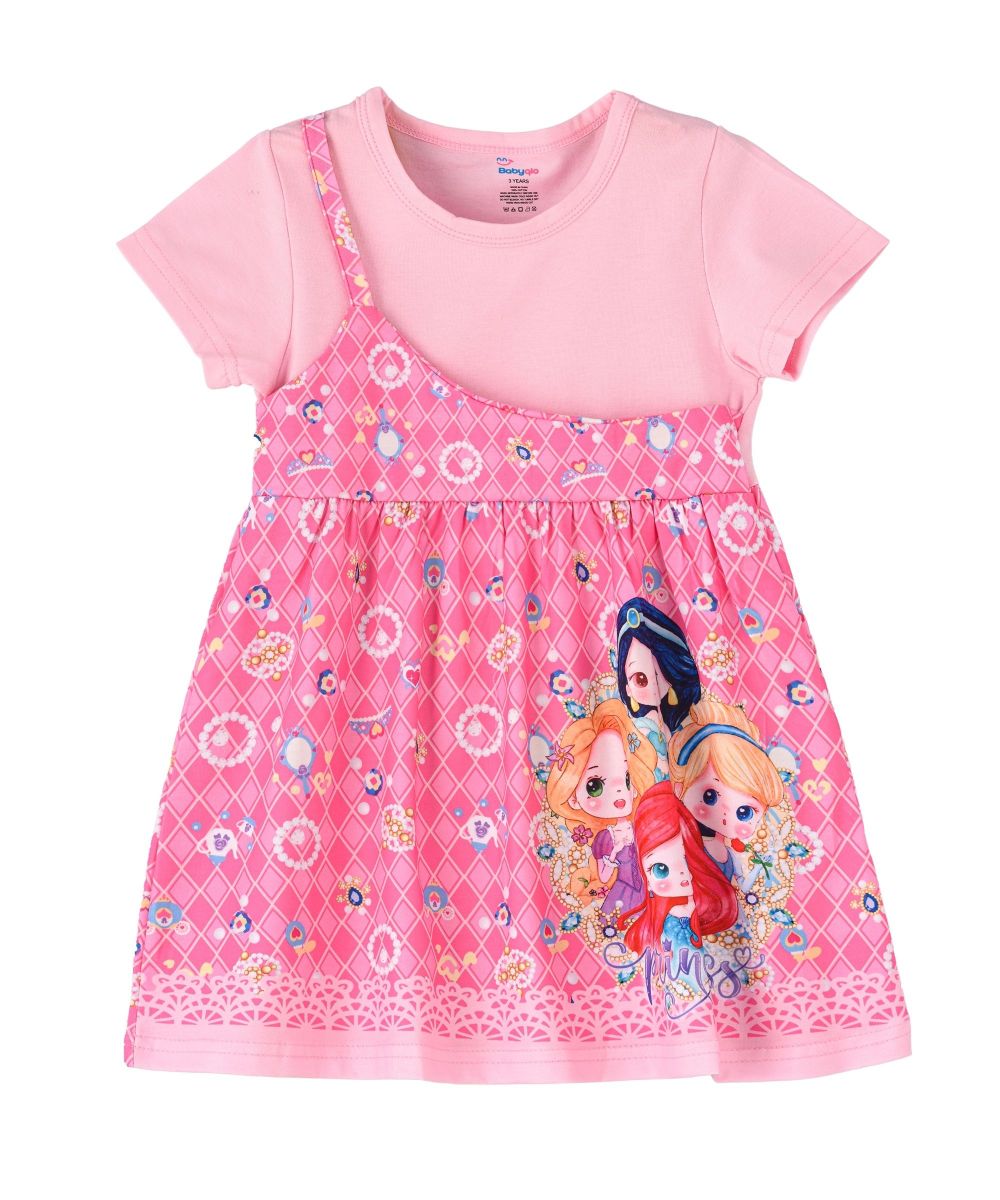 Kids One shoulder princess printed Pink spaghetti dress with attached t-shirt for Girls