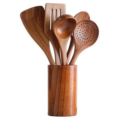 Wooden Cooking Utensils, Kitchen Utensils Set with Holder & Spoon Rest, Teak Wood Spoons and Wooden Spatula for Cooking,